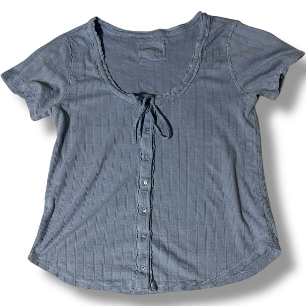 Aerie Light Blue Soft Cotton Button-Down Tie Front Short Sleeved Blouse - Picture 7 of 15